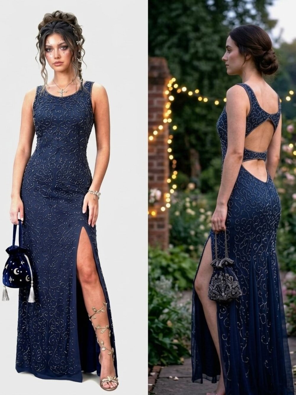 Vintage Cache 90s Y2K Beaded Prom Dress sz S Blue Whimsygoth Backless Slit Gown